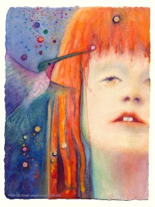 "An Altered World," Original watercolor painting of an autistic girl and a hummingbird by Kim Novak. Copyright 2014 Kim Novak. All rights reserved.