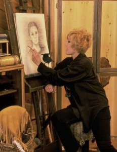 Kim Novak painting with her pet Steller's Jay, Shadow.