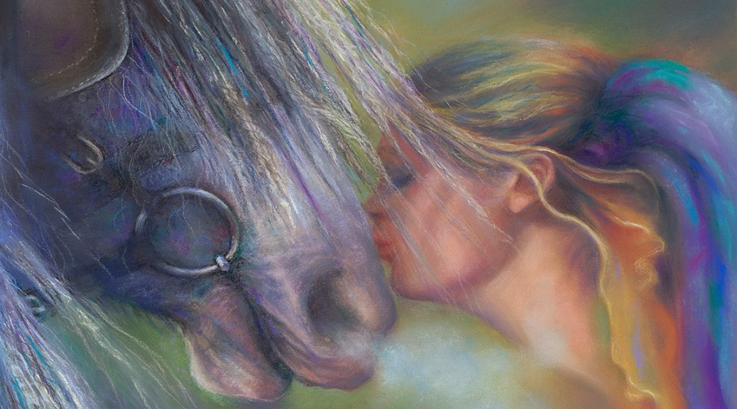 "Devotion," Original Painting of a blonde woman kissing a horse on the nose in pastel over watercolor by Kim Novak