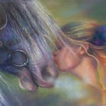 Need one more look at the details before making your purchase? Click this image to view a large version of the complete painting limited edition prints by Kim Novak - Devotion: Original Painting of a blonde woman kissing a horse on the nose in pastel over watercolor by Kim Novak