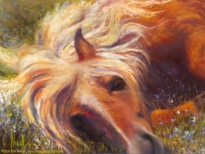 "Horse Heaven," Original pastel painting of a Haflinger horse rolling in a field of forget-me-nots by Kim Novak