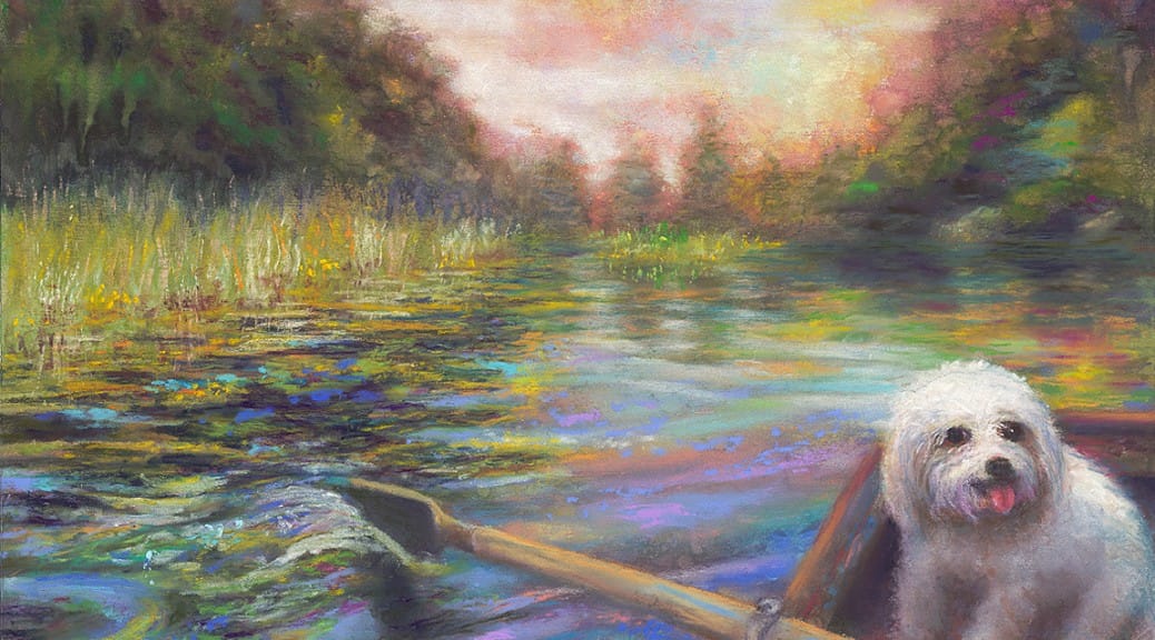 Life is But a Dream, Original Painting of a river scene from the point of view of the person rowing a bat, with a small white dog in the bow. Pastel over watercolor by Kim Novak. Copyright 2014 Kim Novak. All rights reserved.