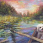 Need one more look at the details before making your purchase? Click this image to view a large version of the complete painting Life is But a Dream, Original Painting of a river scene from the point of view of the person rowing a bat, with a small white dog in the bow. Art for Sale - limited edition prints by Kim Novak - Life Is But A Dream: Original Painting in pastel over watercolor by Kim Novak. Copyright 2014 Kim Novak. All rights reserved.