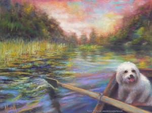 "Life is But a Dream," Original Painting of a river scene from the point of view of the person rowing a bat, with a small white dog in the bow. Pastel over watercolor by Kim Novak. Copyright 2014 Kim Novak. All rights reserved.