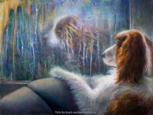 "Reflections," Original Painting in of a dog looking at its reflection in the window on a rainy day by Kim Novak. Copyright 2014 Kim Novak, all rights reserved.