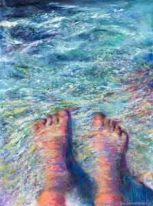 The Tides of Humanity, Original Painting of a pair of feet with water flowing over them in pastel on watercolor by Kim Novak