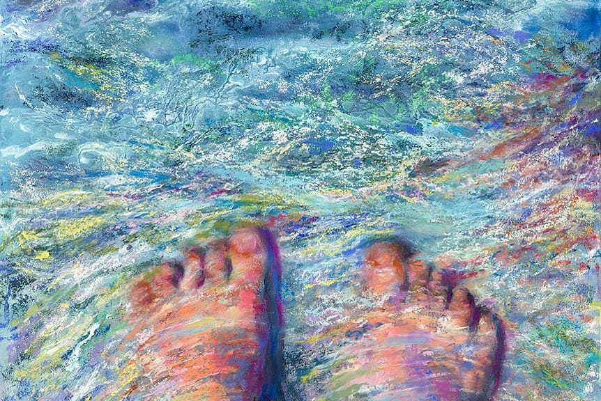 The Tides of Humanity, Original Painting of a pair of feet with water flowing over them in pastel over watercolor by Kim Novak. Copyright 2014 Kim Novak. All rights reserved.