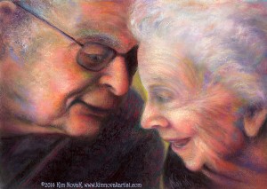 "They Left Laughing," Original Painting of an elderly couple laughing together as the man whispers in the woman's ear, by Kim Novak. Copyright 2014 Kim Novak. All rights reserved.