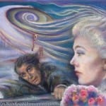 Need one more look at the details before making your purchase? Click this image to view a large version of the complete painting limited edition prints by Kim Novak - Vertigo / Vortex of Delusion: Original Painting by Kim Novak capturing the essence of the 1958 Alfred Hitchcock movie Vertigo, in which the artist starred with Jimmy Stewart. Copyright 2014 Kim Novak. All rights reserved.