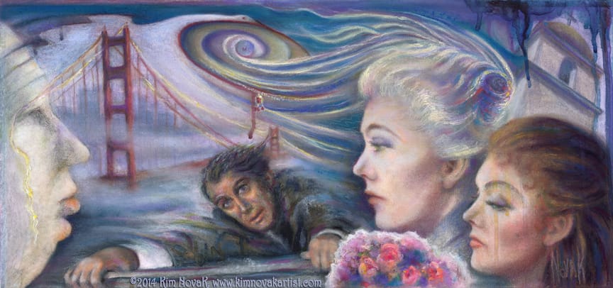 Vertigo / Vortex of Delusion," Original Painting by Kim Novak capturing the essence of the 1958 Alfred Hitchcock movie Vertigo, in which the artist starred with Jimmy Stewart. Copyright 2014 Kim Novak. All rights reserved.