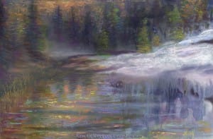 When Winter Ends, Original landscape painting of a river with snow and new spring growth in pastel over watercolor by Kim Novak. Copyright 2014 Kim Novak. All rights reserved.