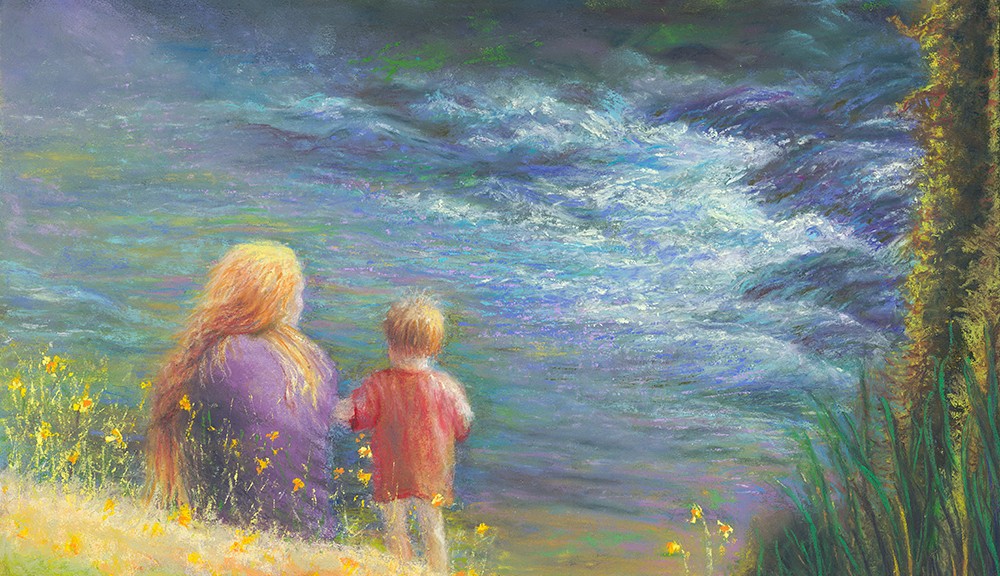 White Winged Messenger, Original Painting of a young woman and her child by a river, with an apparition of a white dove in the rapids of the stream. Pastel over watercolor by Kim Novak. Copyright 2014 Kim Novak. All rights reserved.
