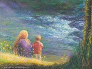 White Winged Messenger, Original Painting of a young woman and her child by a river, with an apparition of a white dove in the rapids of the stream. Pastel over watercolor by Kim Novak. Copyright 2014 Kim Novak. All rights reserved.