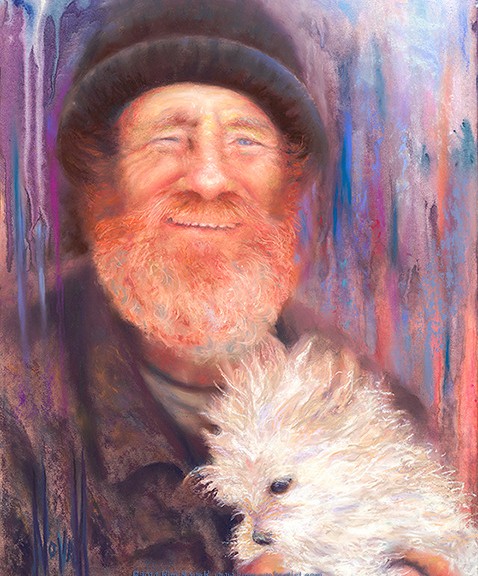 Original pastel over watercolor painting of a homeless man with his small white dog, by Kim Novak. Copyright 2014 Kim Novak, all rights reserved.