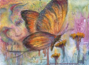 Pastel over watercolor painting of a butterfly, with the face of a woman worked into the background with birds and flowers, accompanied by this poem, also by Kim Novak: Light ever changing - God only knows why, Life is recycling, ‘hello and goodbye.’ ~Kim NovaK