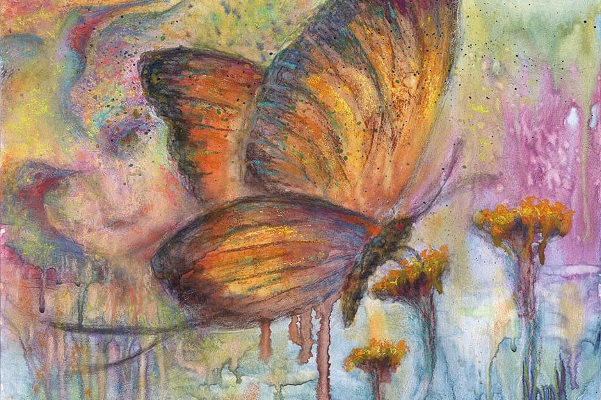 Pastel over watercolor painting of a butterfly, with the face of a woman worked into the background with birds and flowers, accompanied by this poem, also by Kim Novak: “Light ever changing - God only knows, Life is recycling goodbyes and hellos’” ~Kim NovaK © Copyright 2014 Kim Novak, all rights reserved.