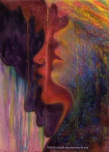 Profiles of 3 African women singing in pastel over watercolor, accompanied by this poem, also by Kim Novak: “Rainbow Voices, sweet as the bird in the eye of girl with the golden hair- bird drinking dew from the jungle dawn where her sisters were born – related dreams- fated schemes; together they form a ‘Rainbow Coalition’ transition to transform the forlorn with a song. United they stand divided WE fall; voices ring out, echoes multiply their call, “Come join the forces, no remorses,” a common need for harmony unsung, the unlived memory of discord undone… Rainbow Voices seek a place in the sun, a piece of peace, to live as one.” ~Kim NovaK This print is a detail of the women/wings from Ms. Novak’s 'Transformation: Nelson Mandela' painting.