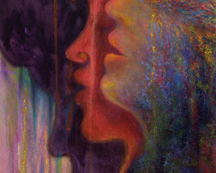 Profiles of 3 African women singing in pastel over watercolor, accompanied by this poem, also by Kim Novak: “Rainbow Voices, sweet as the bird in the eye of girl with the golden hair- bird drinking dew from the jungle dawn where her sisters were born – related dreams- fated schemes; together they form a ‘Rainbow Coalition’ transition to transform the forlorn with a song. United they stand divided WE fall; voices ring out, echoes multiply their call, “Come join the forces, no remorses,” a common need for harmony unsung, the unlived memory of discord undone… Rainbow Voices seek a place in the sun, a piece of peace, to live as one.” ~Kim NovaK This print is a detail of the women/wings from Ms. Novak’s 'Transformation: Nelson Mandela' painting. © Copyright 2014 Kim Novak, all rights reserved.