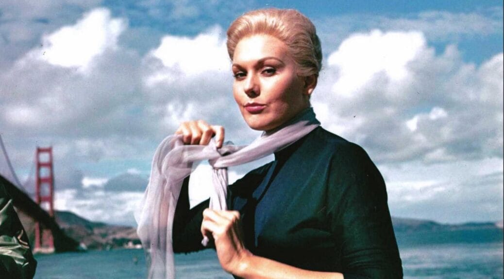 Vertigo-era publicity picture of Kim in San Francisco with Golden Gate Bridge in background